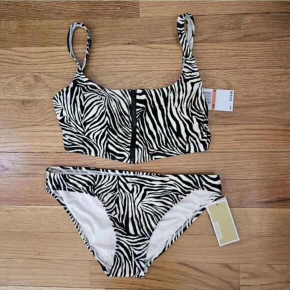 Michael Kors Women's Zip Front Zebra Print Top Hipster Bottom Bikini Size Small - Picture 1 of 9